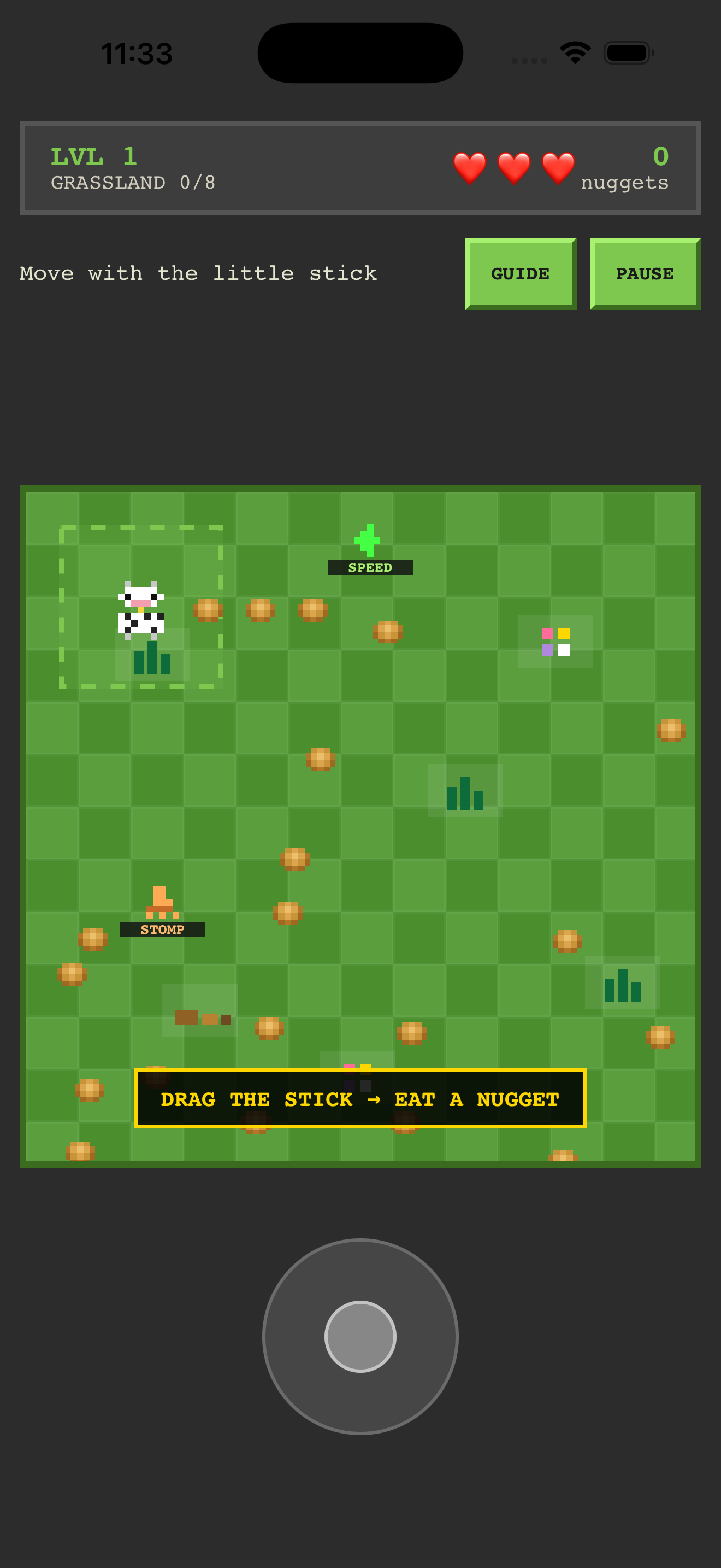 Actual Nugget Quest play screen: a pixel cow beside nuggets, a grass field, three hearts, Guide and Pause buttons, and the joystick below.